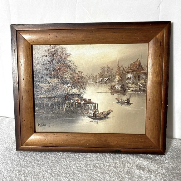 Vintage Korn Hand Painted Landscape Framed Painting Wall Art - Picture 1 of 12